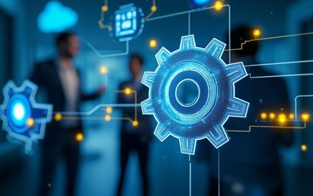 Abstrakte Darstellung eines automatisierten Workflows mit Zahnrädern und Teammitgliedern
